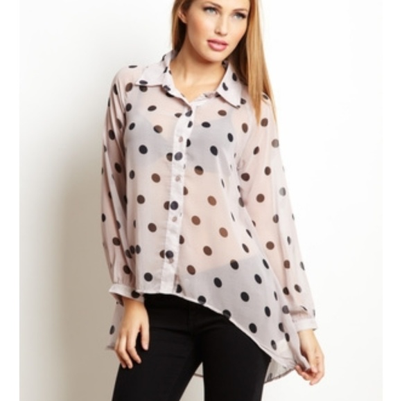 Blue Bird Tops - Blue Bird Polka Dot Hi/Lo Button Down Blouse
